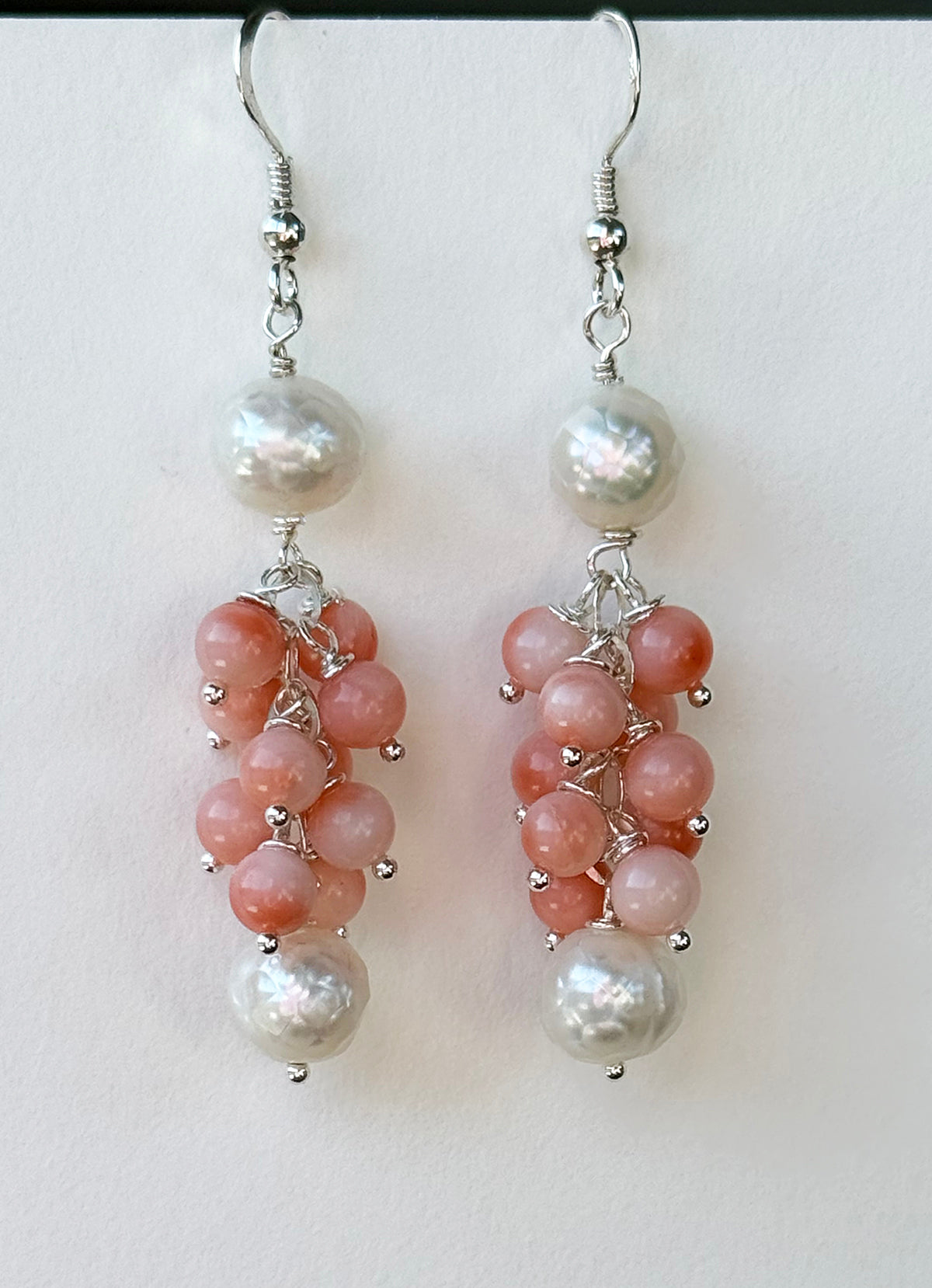 Faceted Freshwater Pearl and Angelskin Coral Cluster Drop Earrings on Sterling Silver Ear Wires by Linda Queally