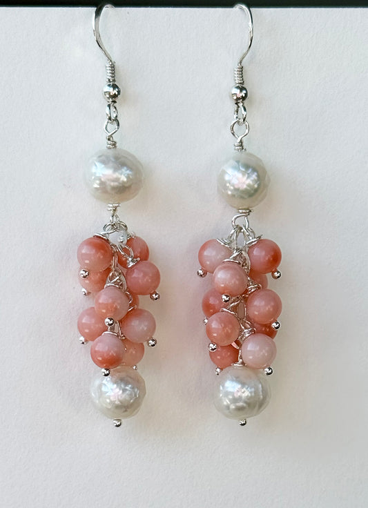 Faceted Freshwater Pearl and Angelskin Coral Cluster Drop Earrings on Sterling Silver Ear Wires by Linda Queally