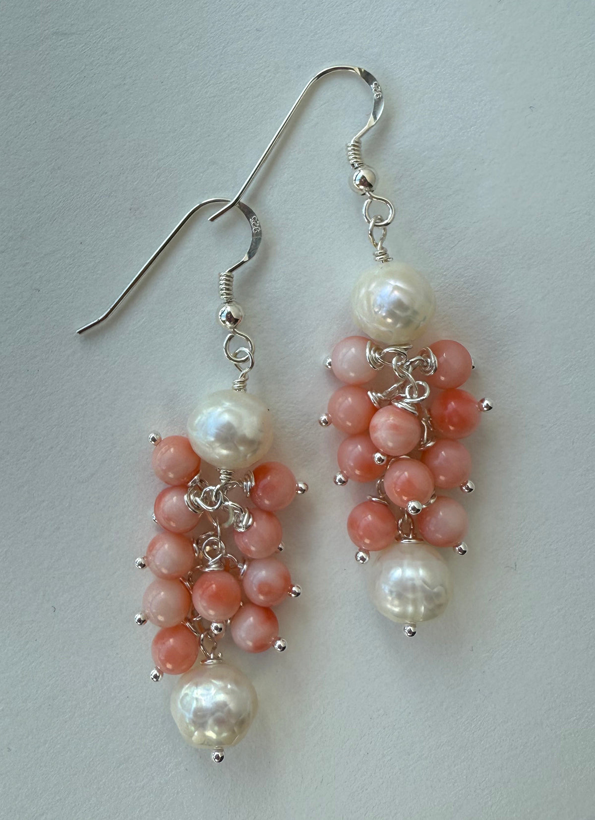 Faceted Freshwater Pearl and Angelskin Coral Cluster Drop Earrings on Sterling Silver Ear Wires by Linda Queally