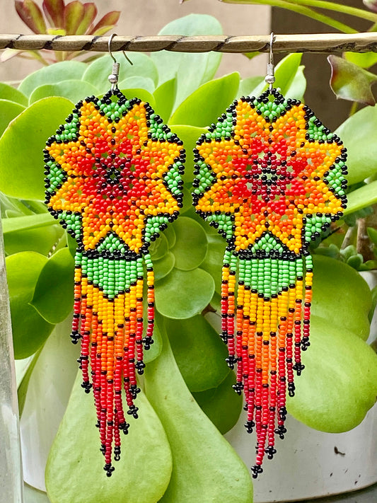 Large Orange, Red and Green Dream Catcher Huichol Earrings