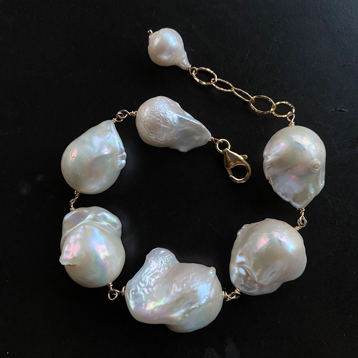 Large White Baroque Freshwater Pearl Bracelet on 14k GF Wire by Linda Queally