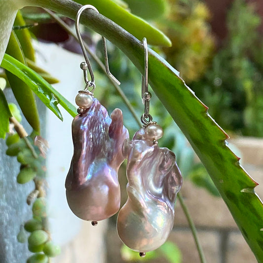 17-30mm Natural Deep Lavender and Peach Fireball Pearl Earrings by Linda Queally