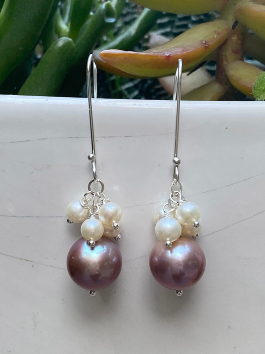 13mm Lavender Edison Pearl Earrings with White Cluster by Linda Queally