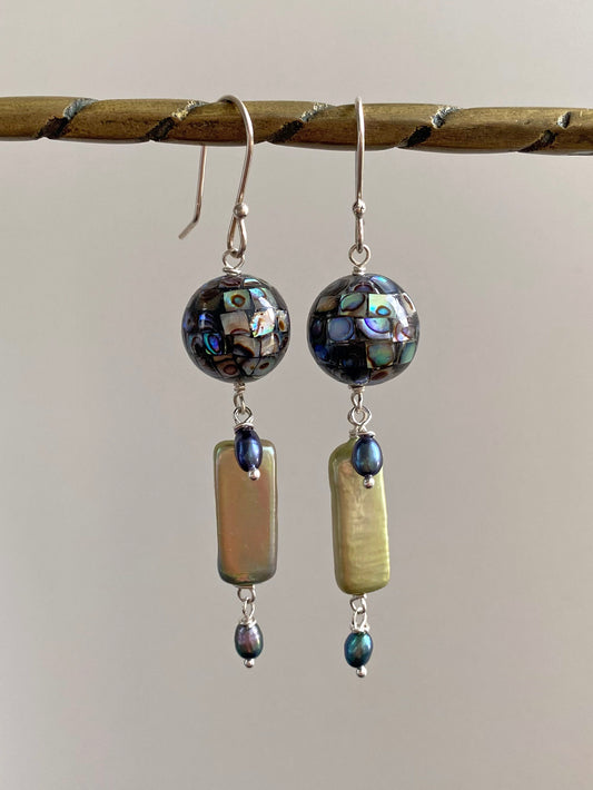 Abalone Inlay Mosaic with Lime Green Pearl Drop Abstract Jellyfish Earrings by Linda Queally
