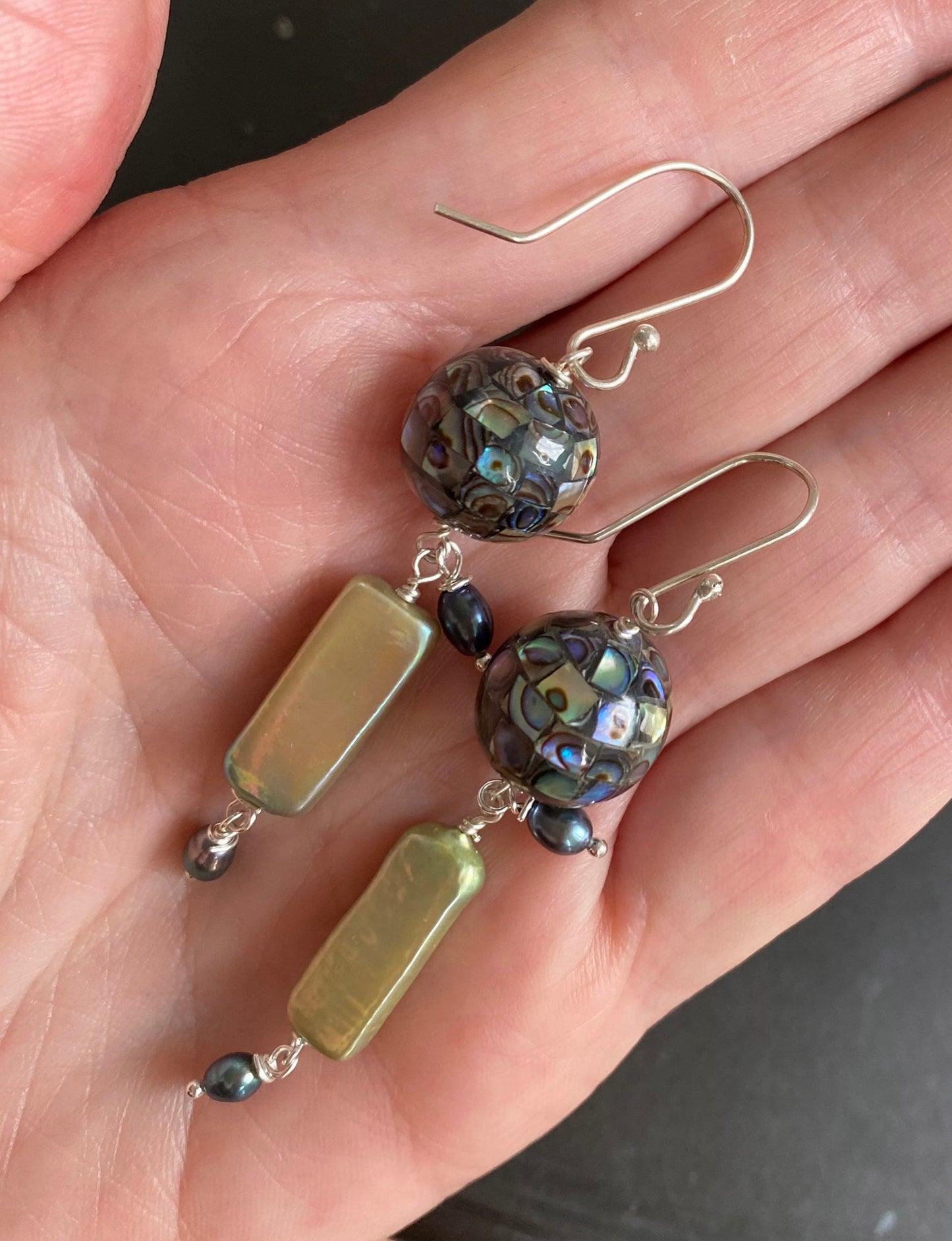 Abalone Inlay Mosaic with Lime Green Pearl Drop Abstract Jellyfish Earrings by Linda Queally