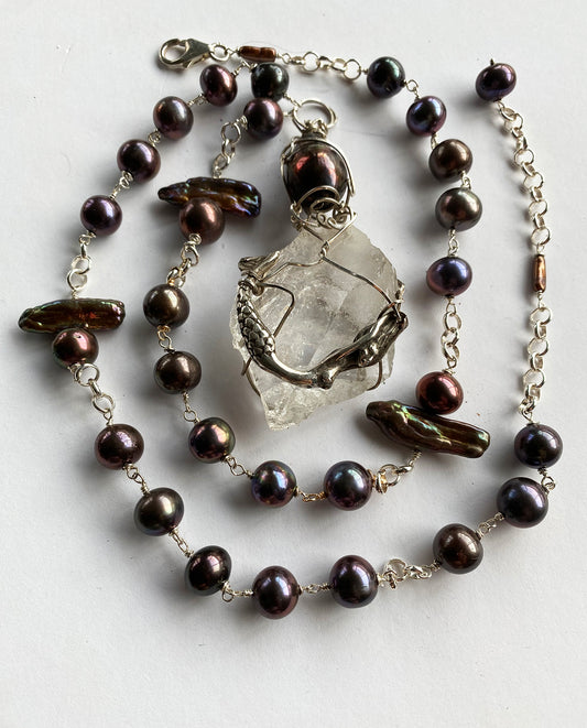 Mermaid on Quartz Crystal Art Necklace with Bronze Pearls and Sterling Silver by Linda & Lalo