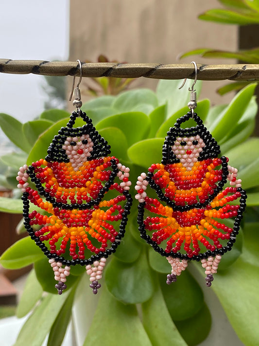 Bright Orange and Red Dancer Huichol Earrings