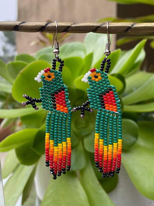 Green Parrot Huichol Earrings