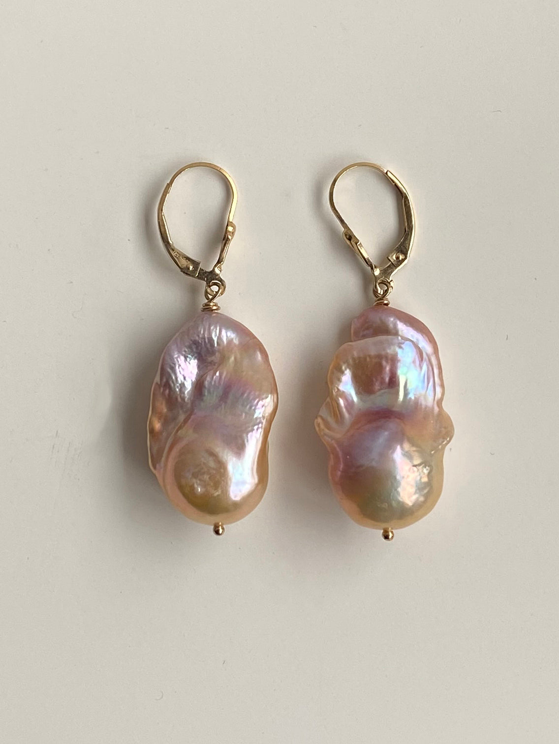 17-28mm Natural Color Peach Baroque Fireballs with Lavender Flash on 14k GF Ear Wires by Linda Queally