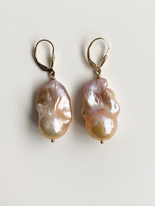 17-28mm Natural Color Peach Baroque Fireballs with Lavender Flash on 14k GF Ear Wires by Linda Queally