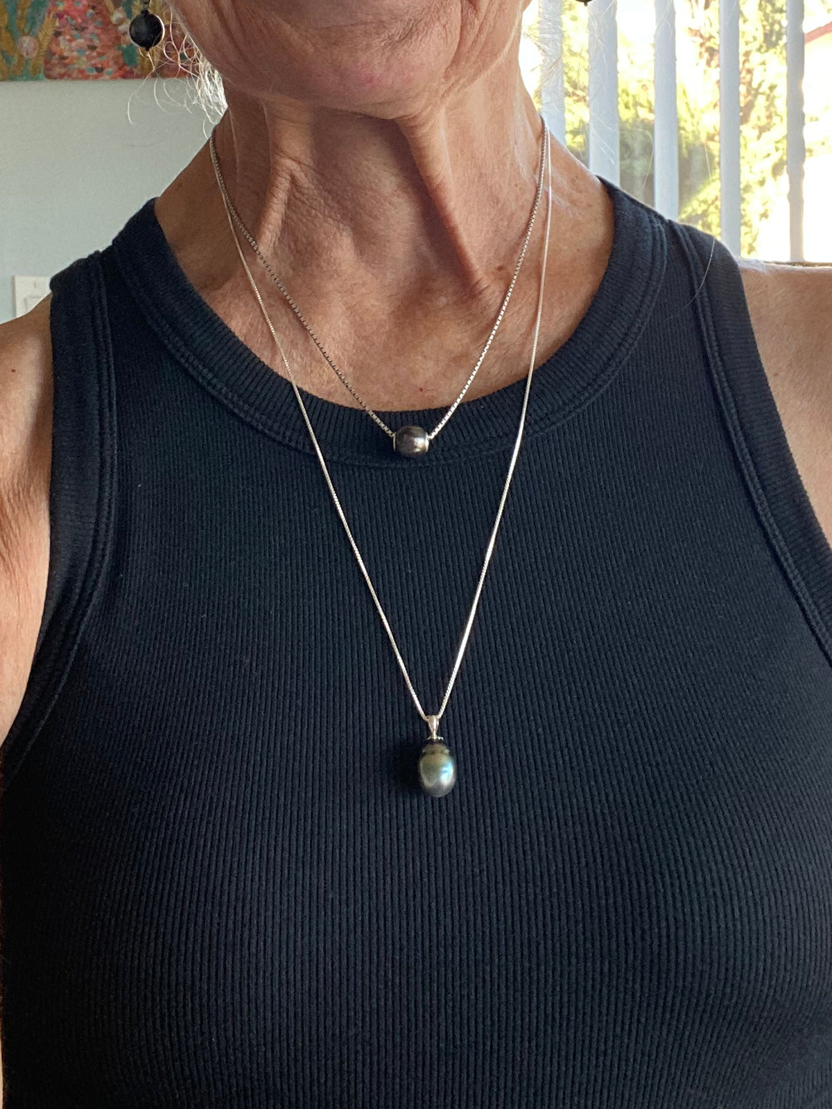 11-15mm Peacock Tahitian Pearl Pendant on 14k White Gold with Sterling Chain by Linda Queally