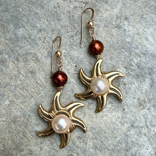 Pearl Star Drop Earrings on 14k GF Wires by Linda Queally