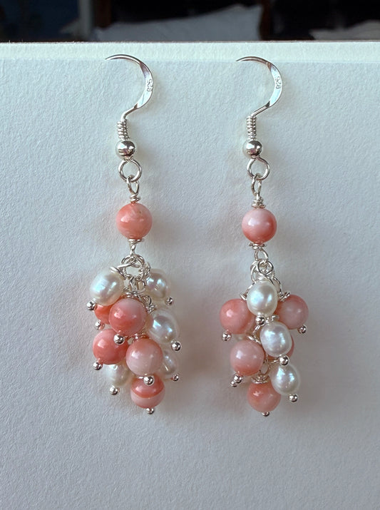Pearl and Angelskin Coral Jellyfish Earrings on Sterling Silver by Linda Queally