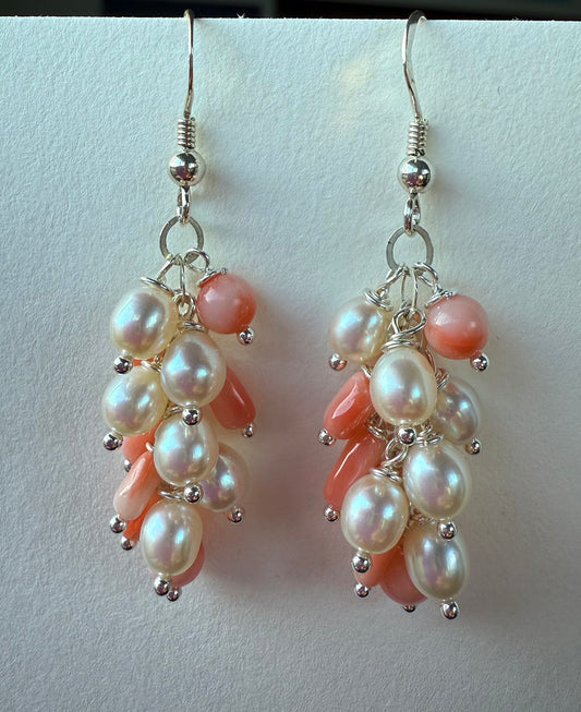 Freshwater Pearl and Mixed Angelskin Coral Earrings on Sterling Silver Wires by Linda Queally