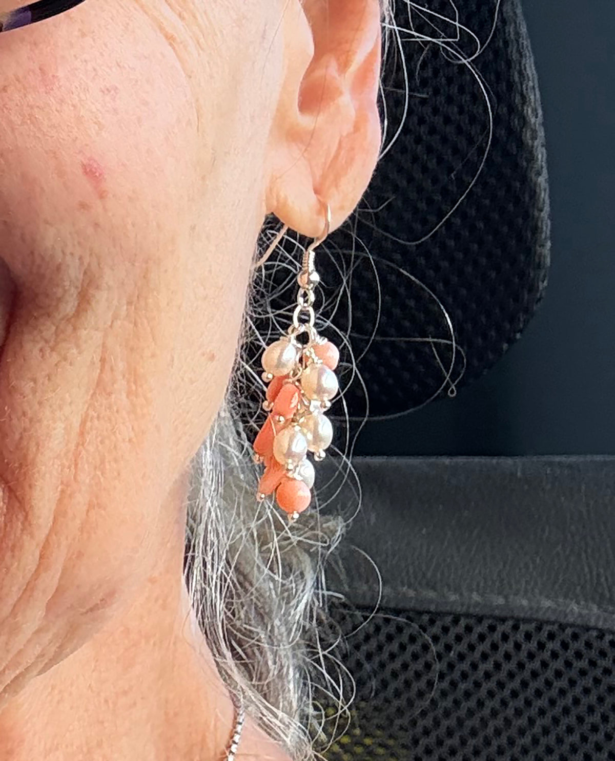 Freshwater Pearl and Mixed Angelskin Coral Earrings on Sterling Silver Wires by Linda Queally