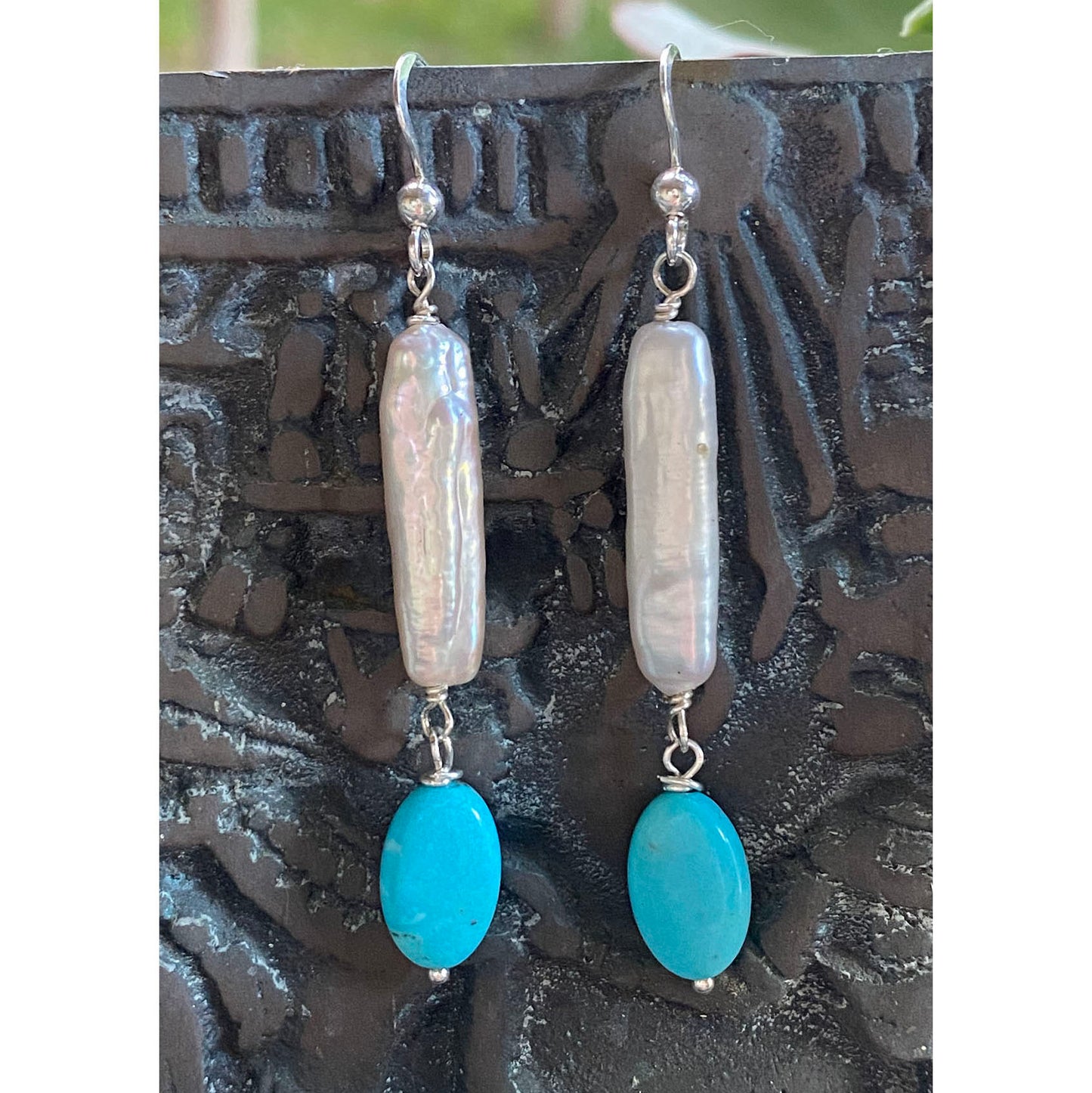 Kingman Turquoise and Freshwater Pearl Earrings on Sterling Silver Wires by Linda Queally