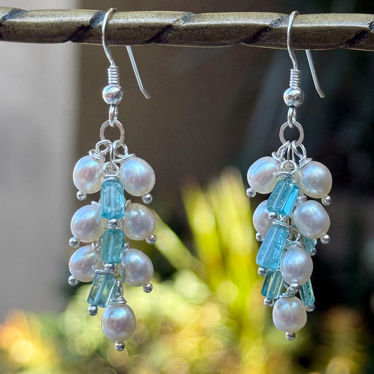 Blue Apatite and Pearl Cluster Drop Earrings on Sterling Silver by Linda Queally