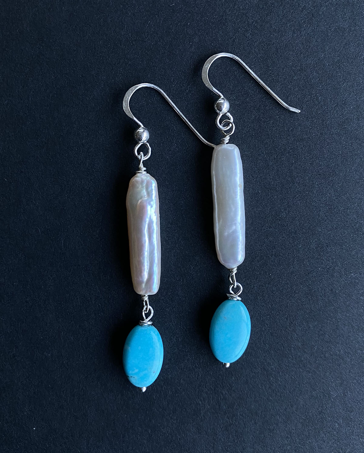 Kingman Turquoise and Freshwater Pearl Earrings on Sterling Silver Wires by Linda Queally