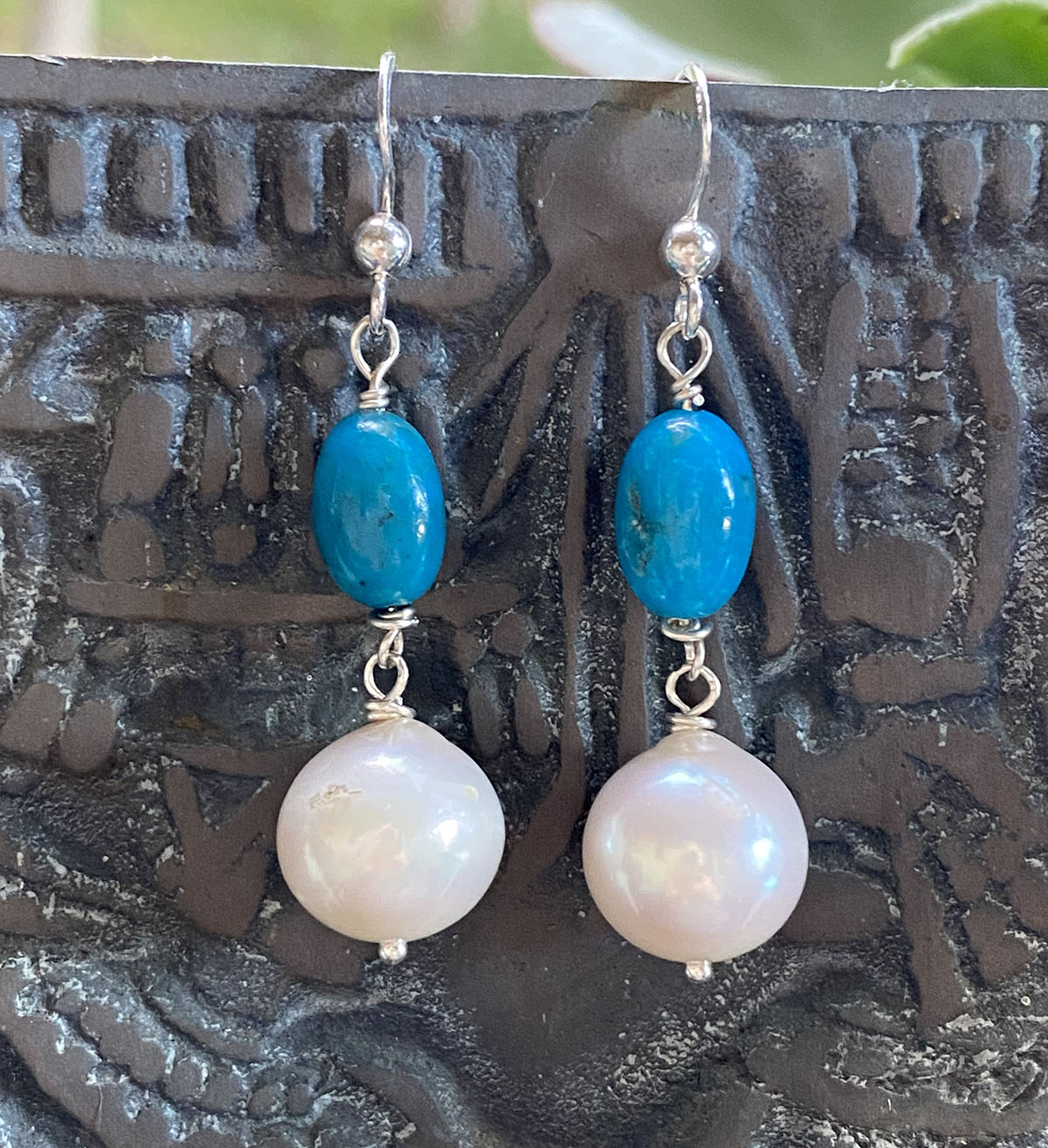 Kingman Turquoise and Japanese Akoya Pearl Earrings by Linda Queally