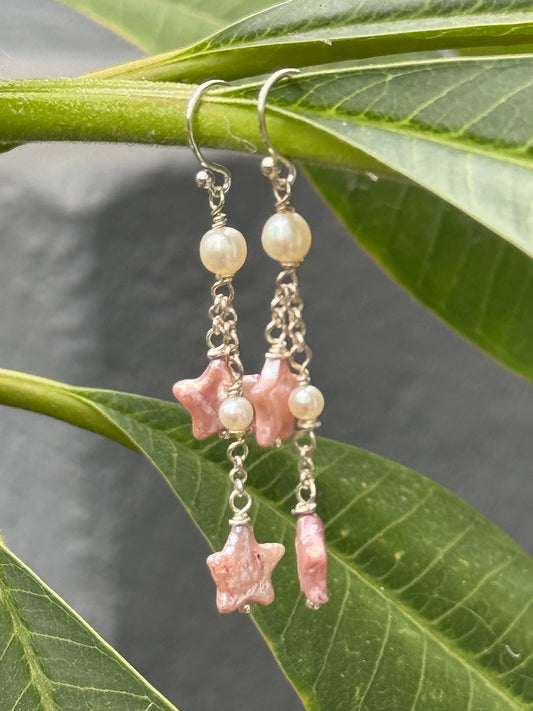 Double Pink Star Pearl Drop Earrings by Linda Queally