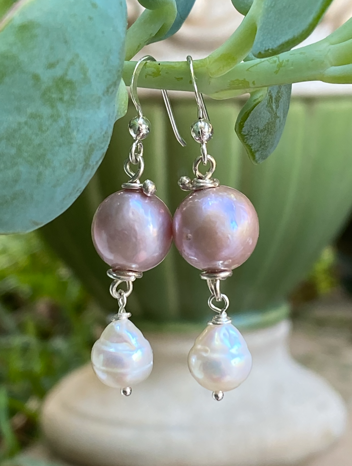 10mm Round Pink Edison Pearl Earrings with a White Baroque Drop by Linda Queally