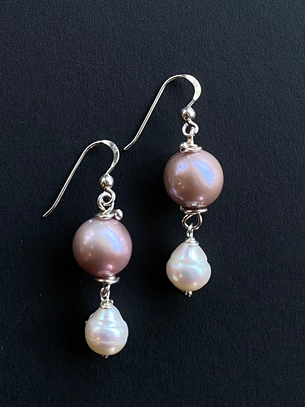 10mm Round Pink Edison Pearl Earrings with a White Baroque Drop by Linda Queally