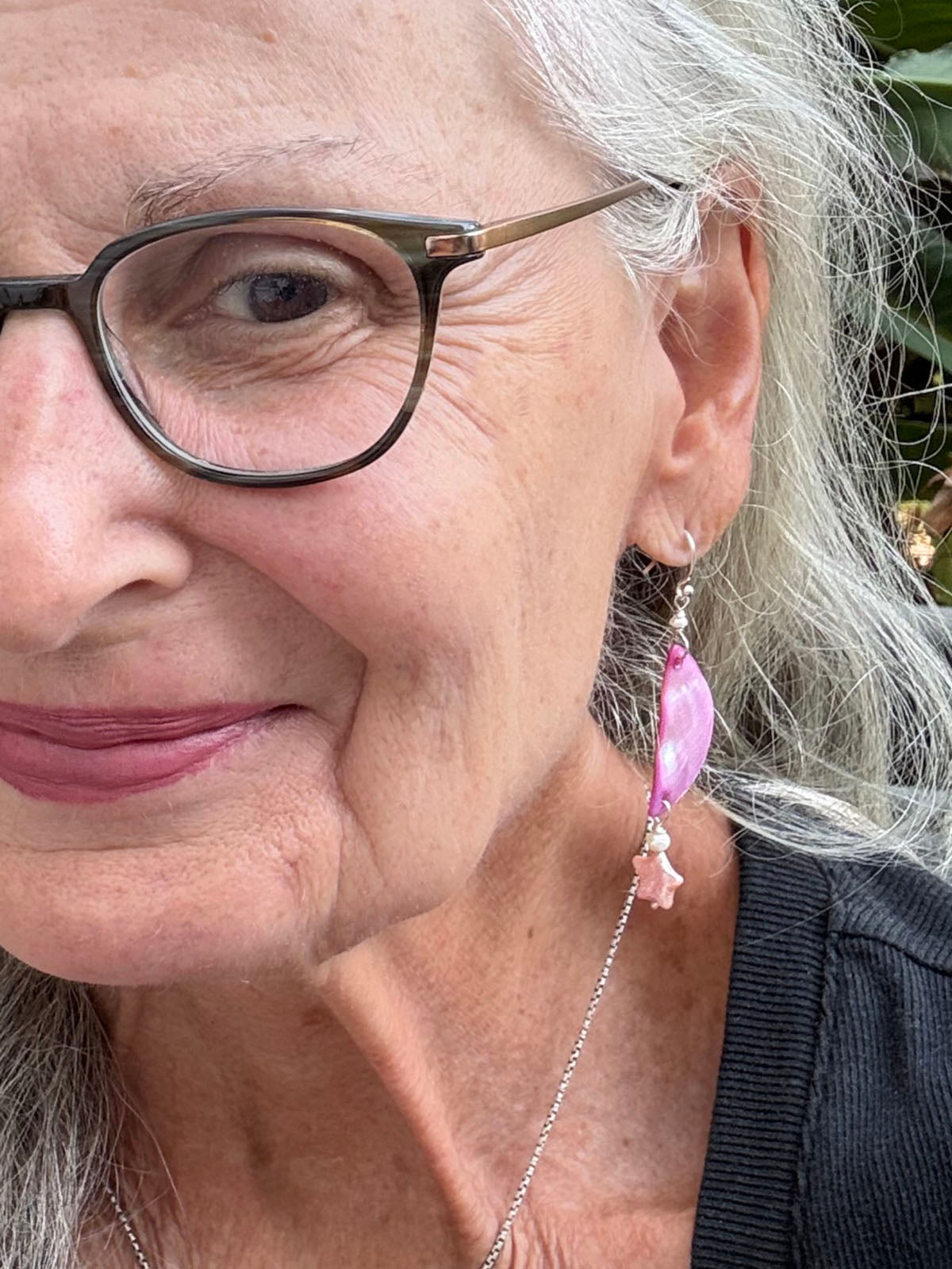 Fuschia Moon and Pink Star Shell & Pearl Earrings by Linda Queally