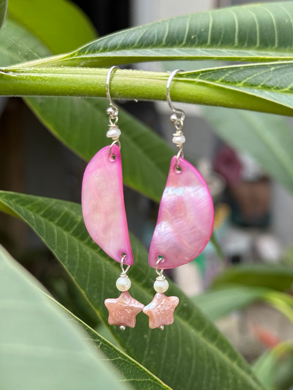 Fuschia Moon and Pink Star Shell & Pearl Earrings by Linda Queally