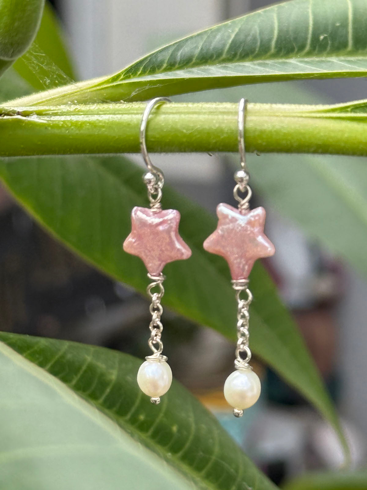 Pink Star Pearl with Chain and White Drop Earrings by Linda Queally