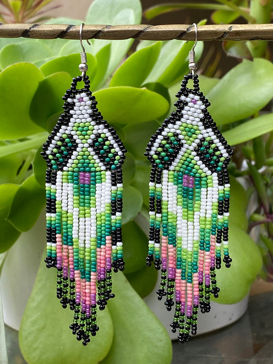 Lavender, Green and White Eagle Huichol Earrings