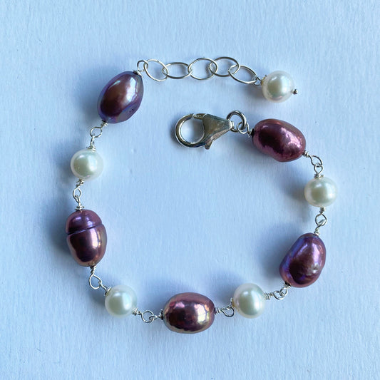 Raspberry and White Freshwater Pearl Bracelet by Linda Queally