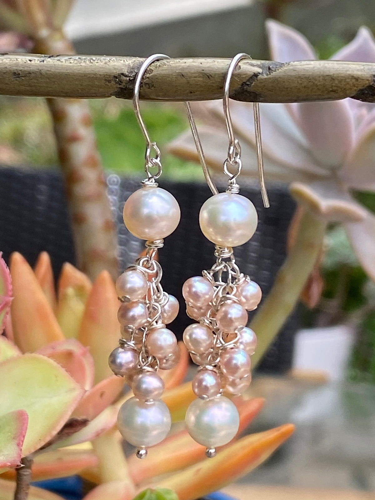 Champage Pink and White Pearl Cluster Earrings on Sterling Silver Wires by Linda Queally