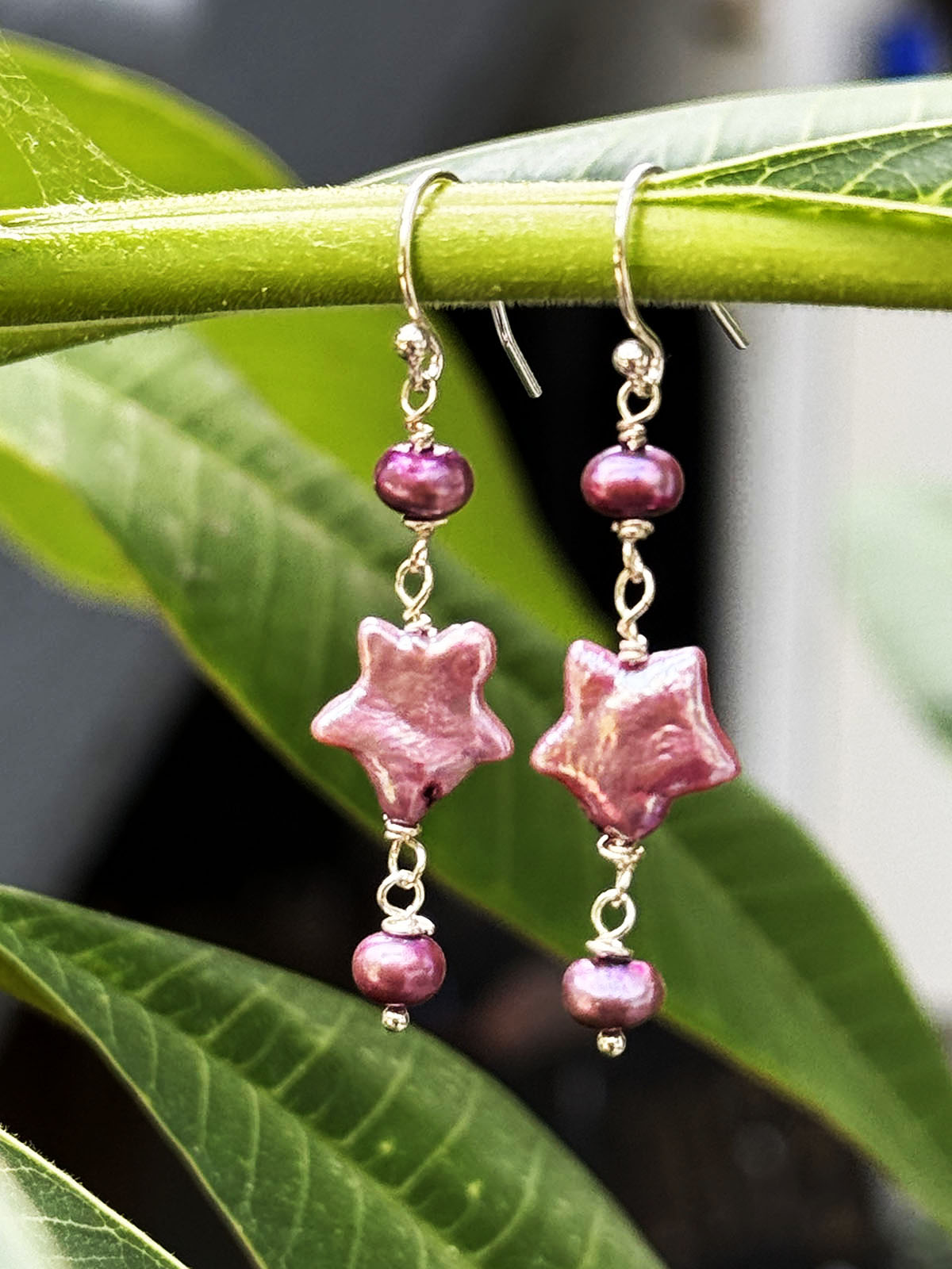 Raspberry Stars with Raspberry Drop Pearl Earrings by Linda Queally