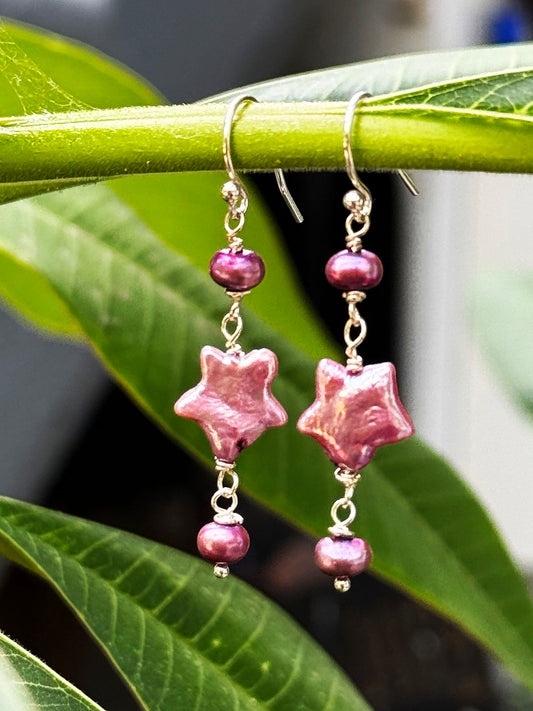 Raspberry Stars with Raspberry Drop Pearl Earrings by Linda Queally