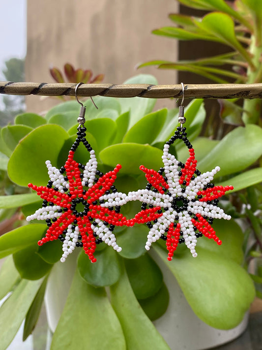 Red, Black and White Flower Huichol Earrings