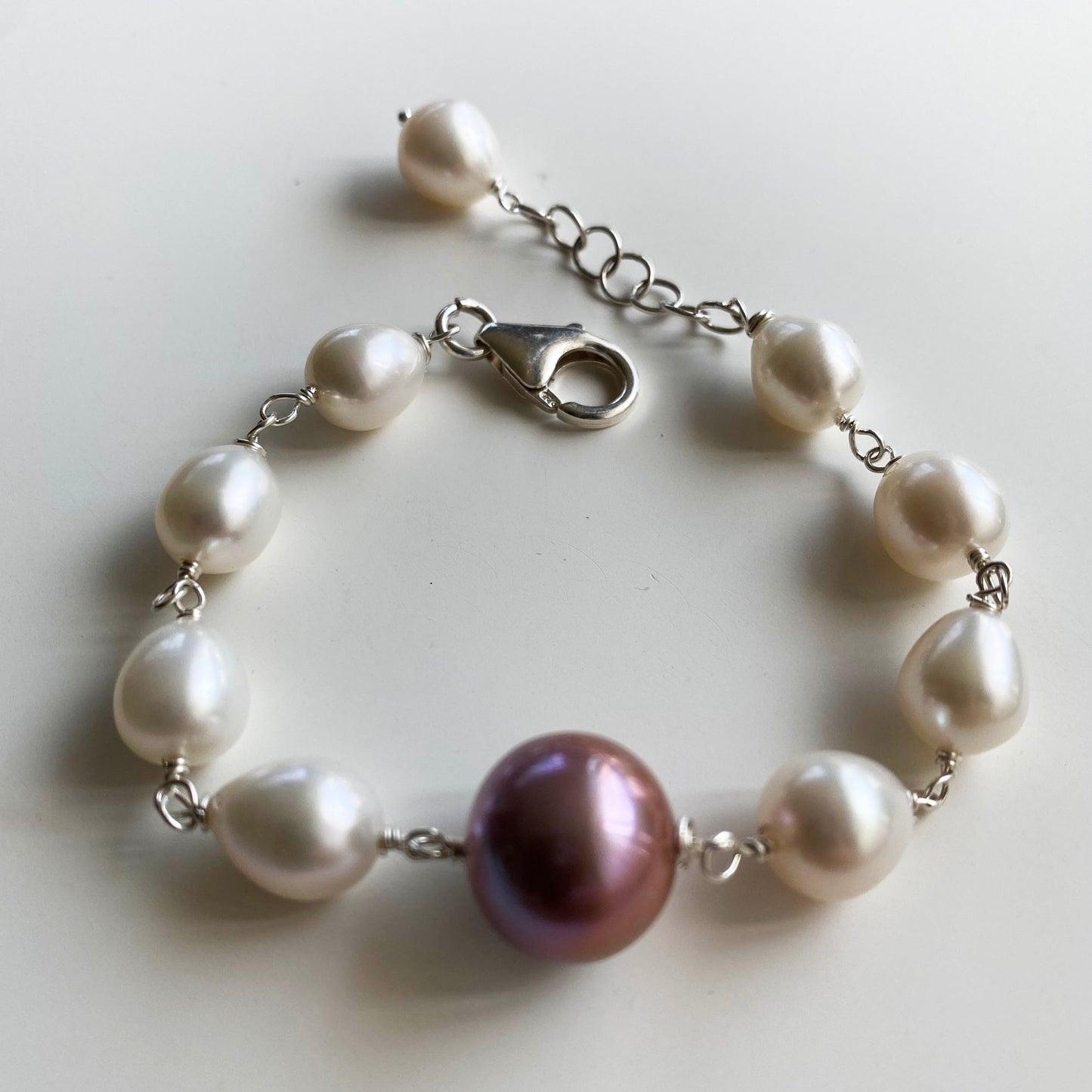 Rose Lavender Round with White Teardrops Freshwater Pearl Bracelet by Linda Queally