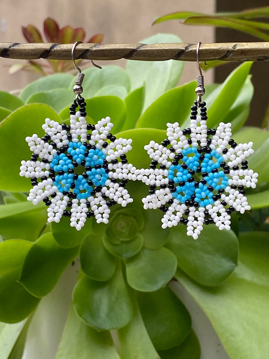 Blue, Black and White Flower Huichol Earrings