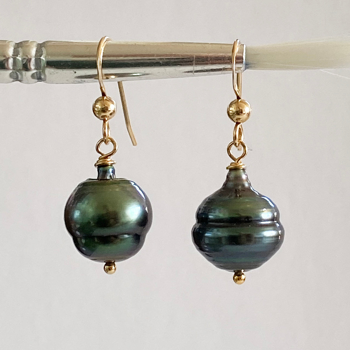 11-12mm Blue Green Tahitian Pearl Earrings on 14k GF Wires by Linda Queally