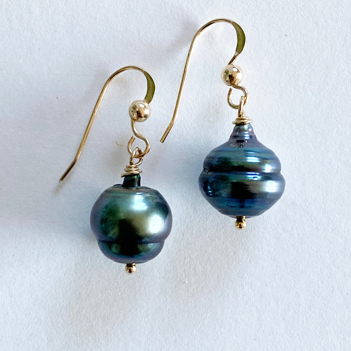 11-12mm Blue Green Tahitian Pearl Earrings on 14k GF Wires by Linda Queally