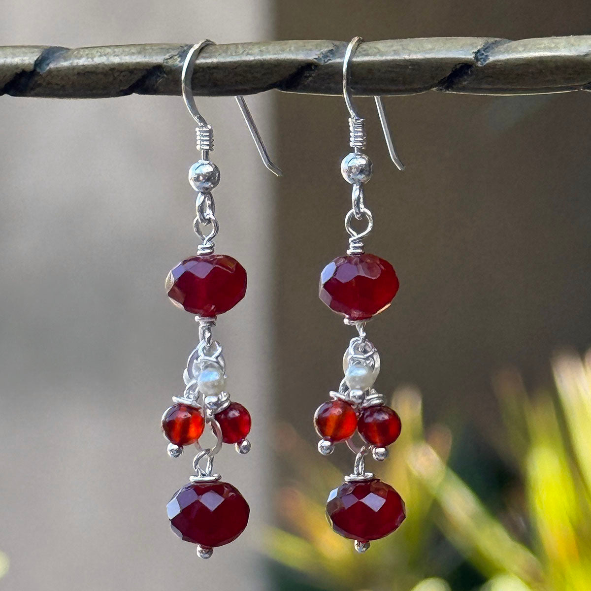 Spessartite Garnet and Pearl Earrings on Sterling Silver by Linda Queally