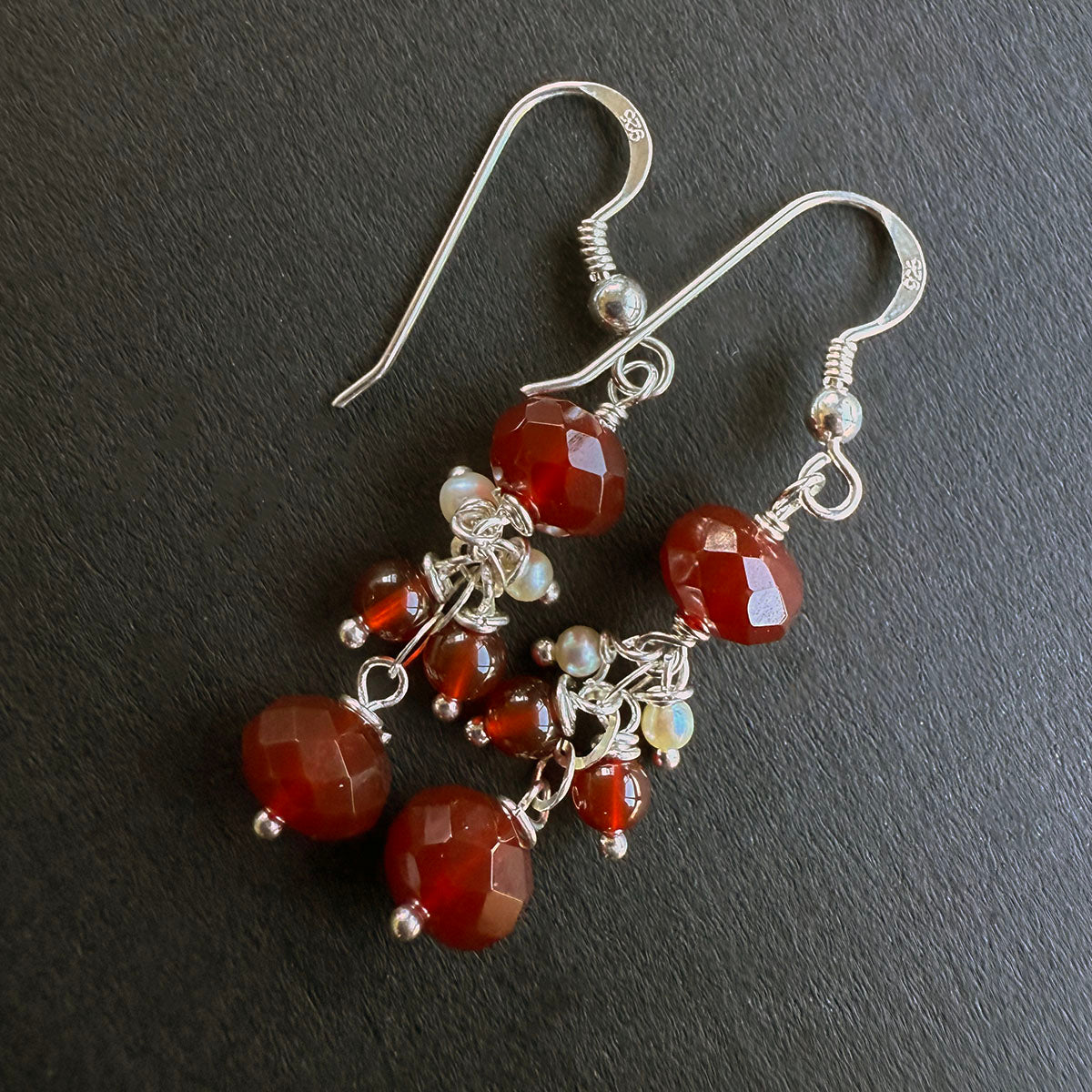 Spessartite Garnet and Pearl Earrings on Sterling Silver by Linda Queally