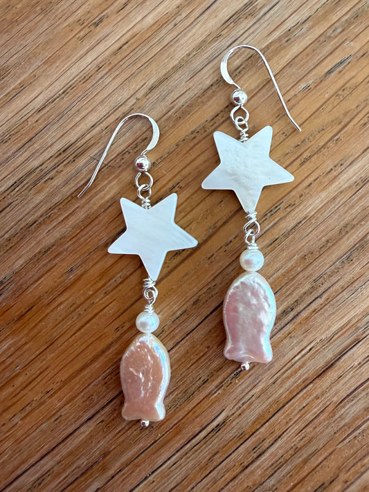 Star & Fish Drop Earrings with Shell and Pearl by Linda Queally