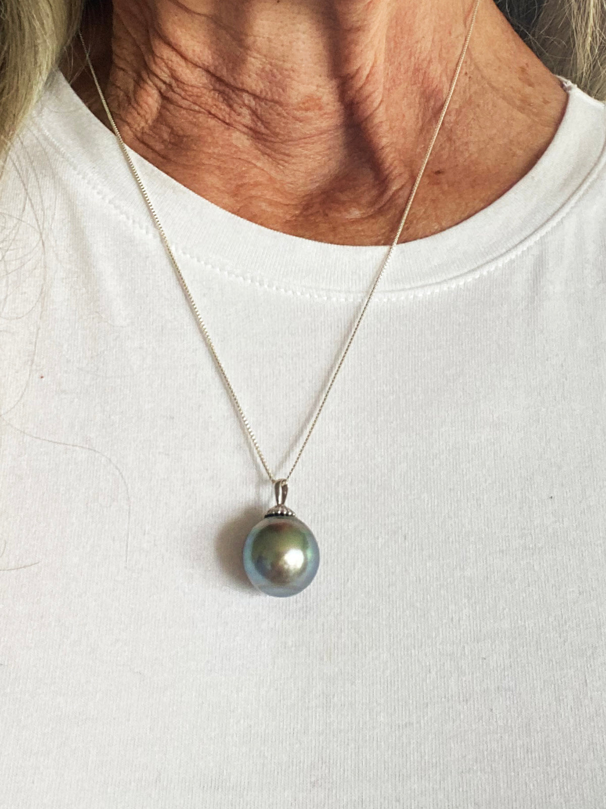 16mm Round Silvery Bronze Tahitian Pearl Pendant on 14k White Gold with Sterling Chain by Linda Queally