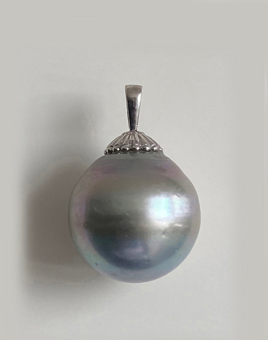 16mm Round Silvery Grey Tahitian Pearl Pendant on 14k White Gold with Sterling Chain by Linda Queally