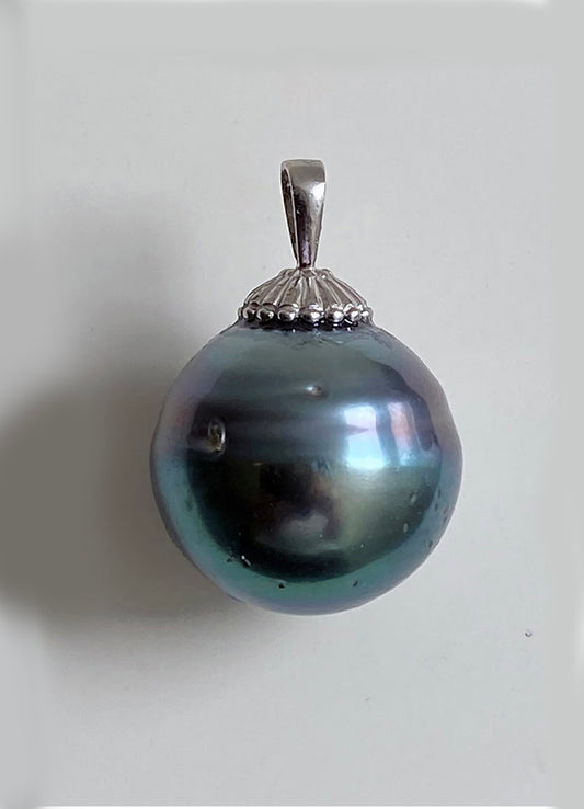 16mm Round Blue Green Tahitian Pearl Pendant on 14k White Gold with Sterling Chain by Linda Queally