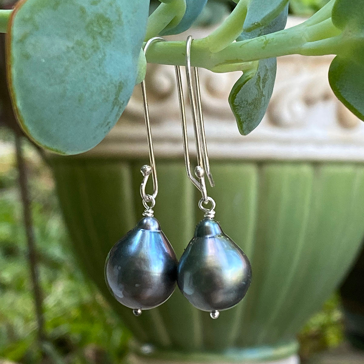 12-14mm Tahitian Drop Earrings on Long Sterling Silver Wires by Linda Queally