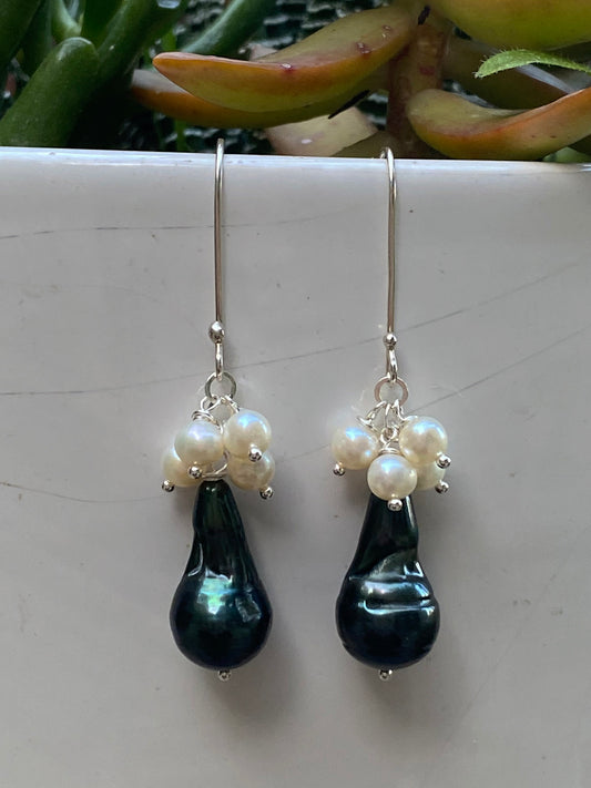 Teal Freshwater Pearl Drop Earrings with White Cluster by Linda Queally