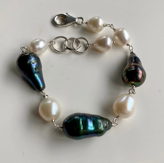 Teal and White Freshwater Pearl Bracelet by Linda Queally