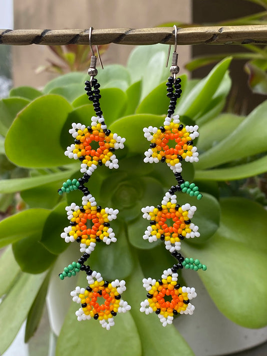 Orange, Yellow and White Three Flower Drop Huichol Earrings