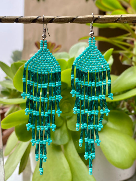 Turquoise Fringe Huichol Earrings
